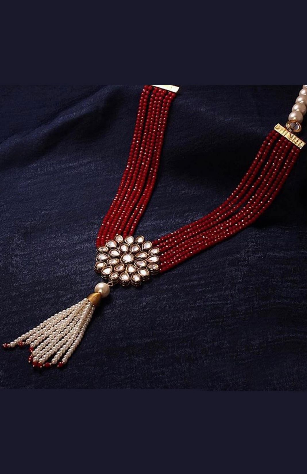 Gold Plated Kundan Neckpiece With Semi-precious Red Stones 