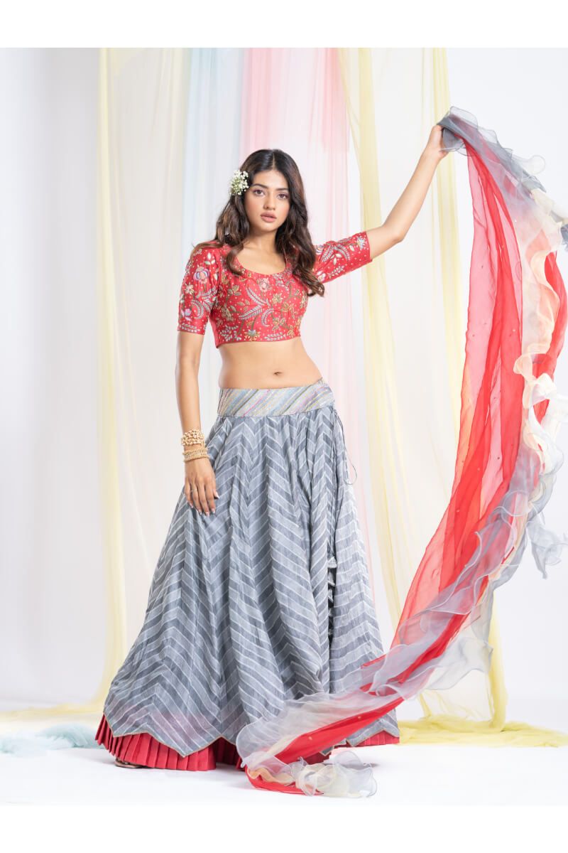 Leheria Skirt With Hand Embroidered Red Blouse With Ruffle Organza Dupatta