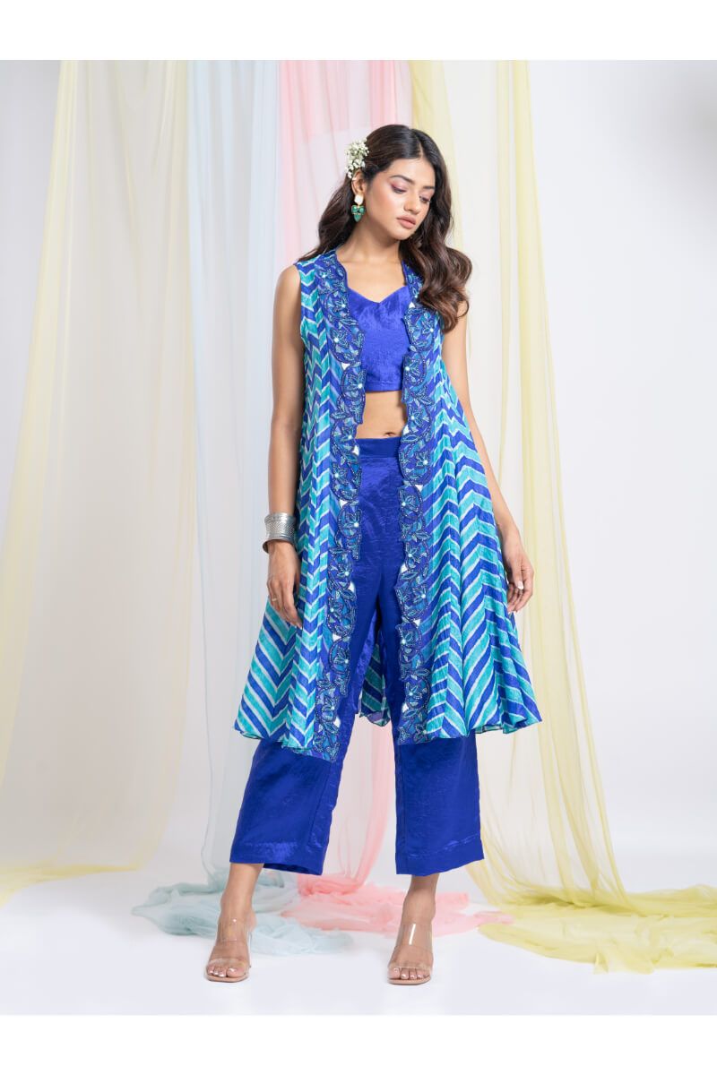 Blue Silk Bustier And Pants With 2 Tone Leheria Jacket