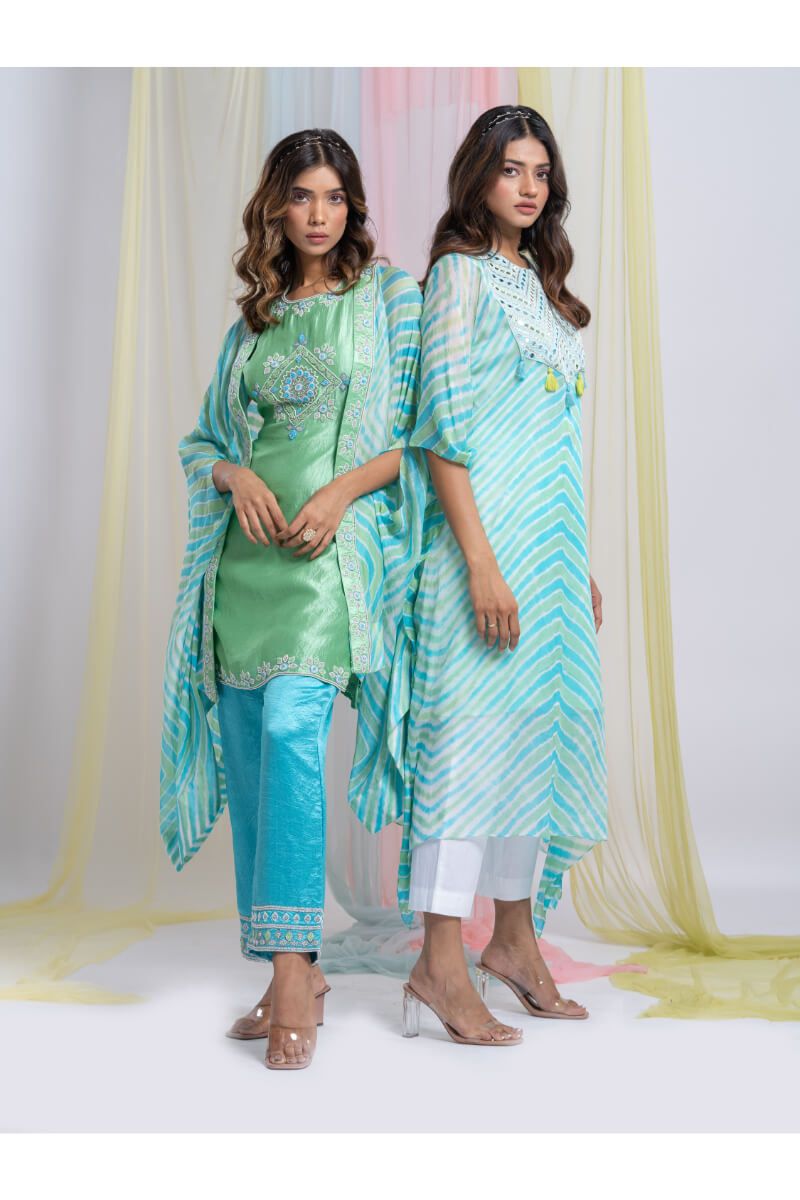 Pista Green Center Motif Tunic With Blue Pants And 2 Tone Blue Green Leheria Cape 