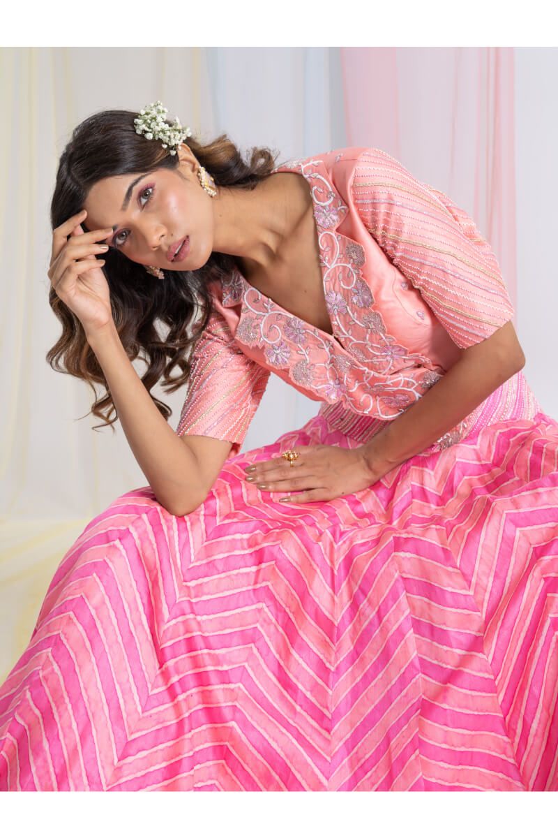Peach Blouse With Embroidered Lapels And 2 Tone Pink Leheria Skirt