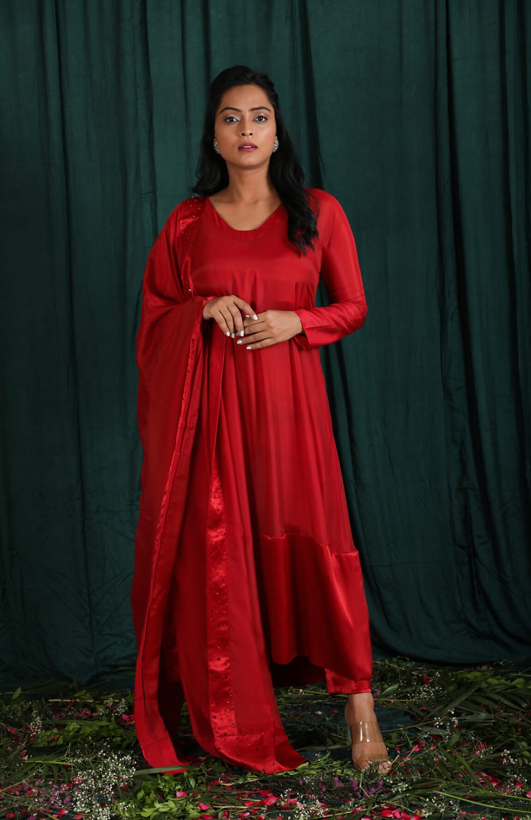 Red Taby Silk Suit set