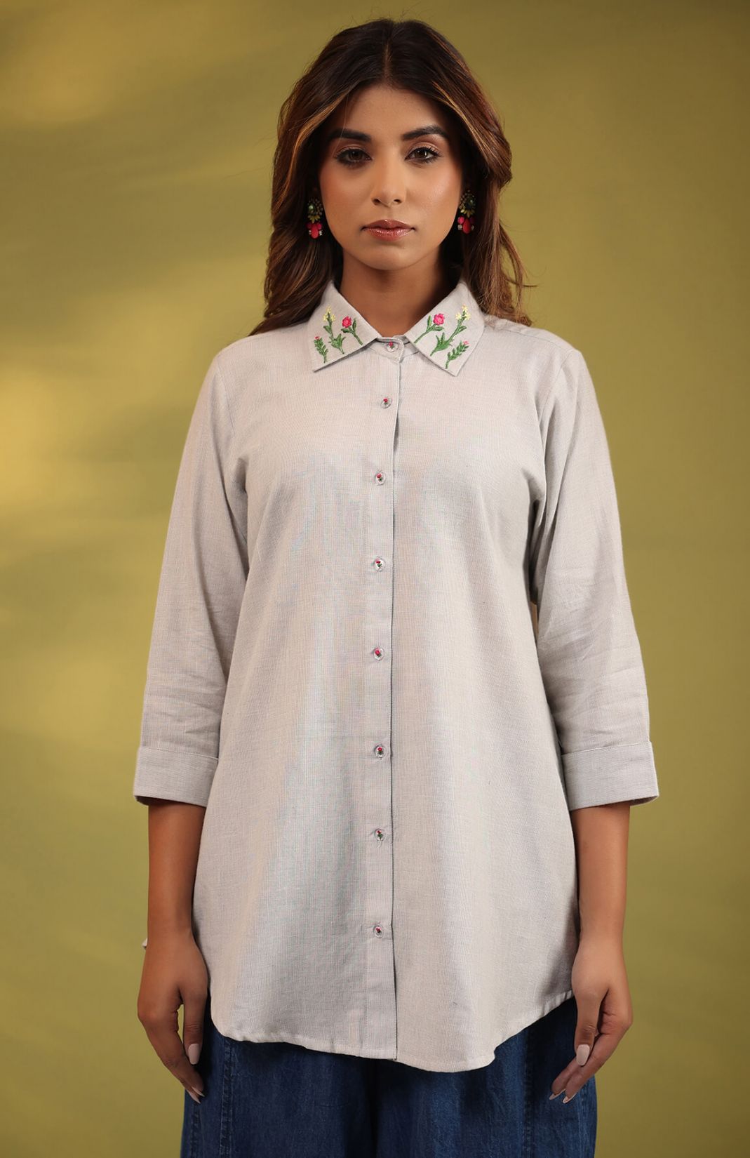 Gray Orchid Embroidered Shirt
