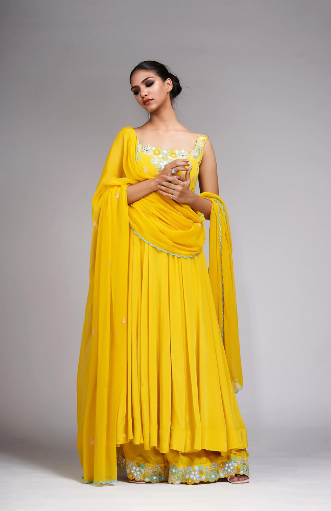 Yellow Thread & Mirror Work Anarkali Set