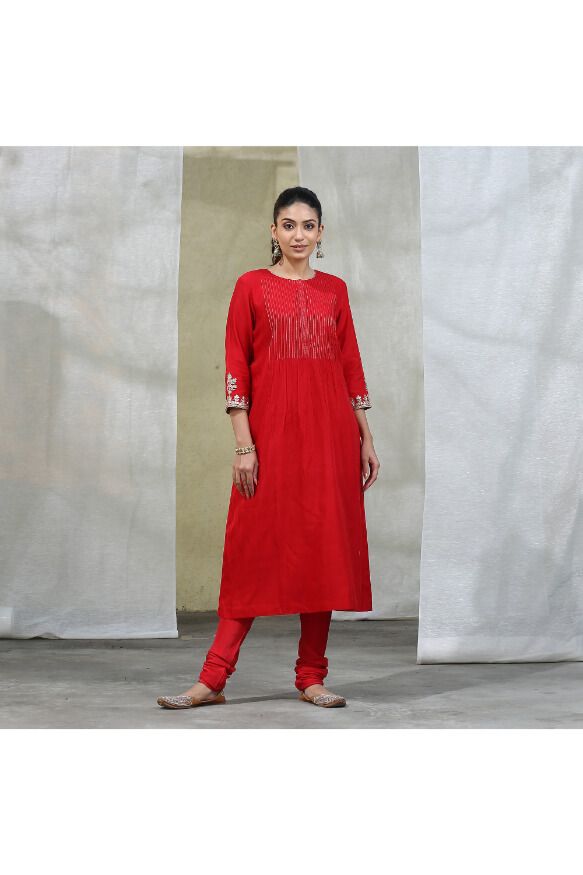 Red Handloom Chanderi Silk Kurta With Churidar And Dupatta