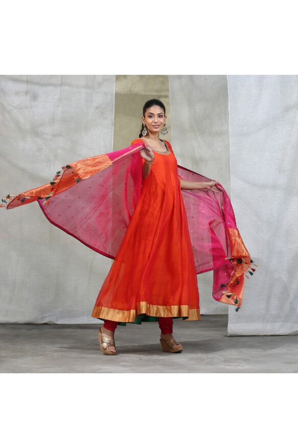 Orange Handloom Anarkali With Churidaar And Embroidered Dupatta