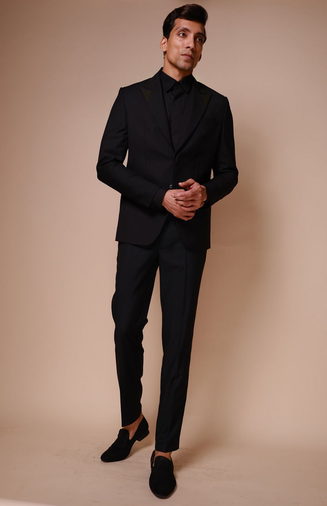 Black Suit With Embroidered Triangle Lapel